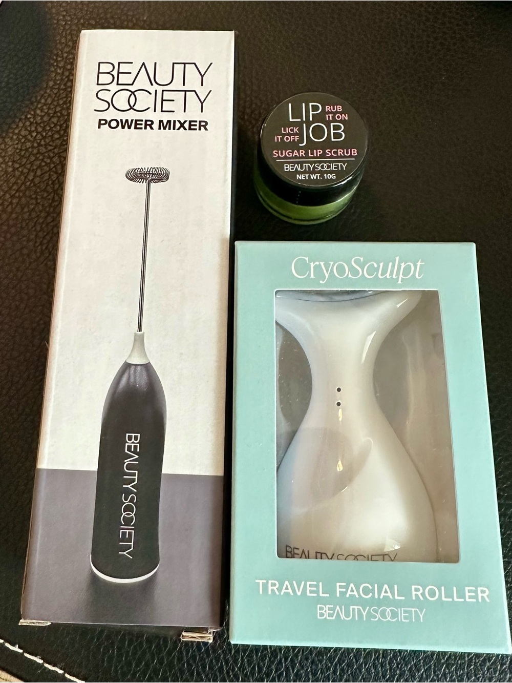 Beauty Society bundle with sugar lip scrub Cryosculpt facial roller and frother